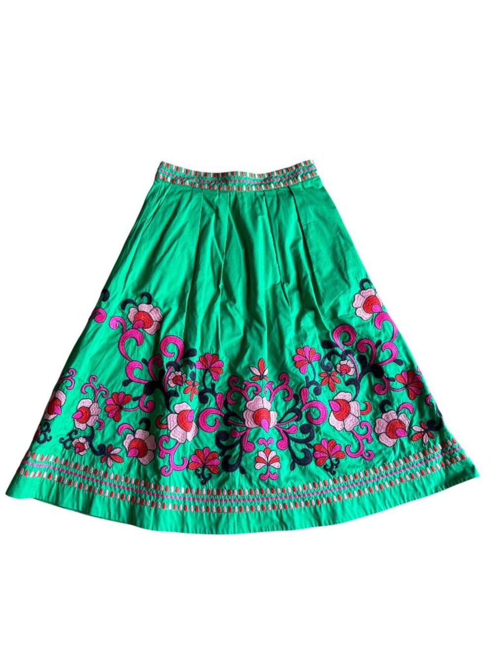 BODEN Embroidered Skirt Green Floral Full Womens Pink Size 6 NWT